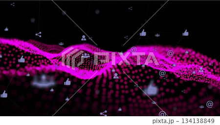 Flowing magenta point wave mesh undulating in virtual cyberspace, with faint lines and social icons Flowing magenta point wave mesh undulating in virtual cyberspace, with faint lines and social icons 134138849