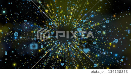 Showing blue and yellow network converging in dark digital space with medical icons and camera icon Showing blue and yellow network converging in dark digital space with medical icons and camera icon 134138858