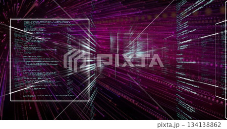 Floating white-outlined code frame drifting through data tunnel, with magenta light streams 134138862
