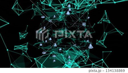Displaying glowing mesh globe floating in digital void featuring neon nodes with social media icons Displaying glowing mesh globe floating in digital void featuring neon nodes with social media icons 134138869