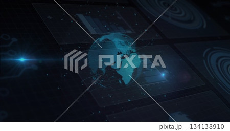 Projecting holographic globe rotating with data points in digital command hub, with radar UI 134138910