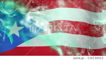 Waving Puerto Rico flag floating in abstract digital space, with swirling mist and light bokeh 134138912