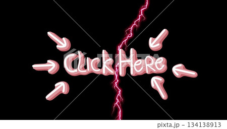 Featuring bubble-style pink Click Here text on black background, with six 3D arrows and neon bolt 134138913