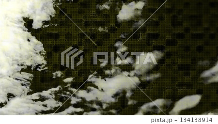 Displaying abstract white cloud-like shapes floating in digital art, with fine yellow grid overlay 134138914