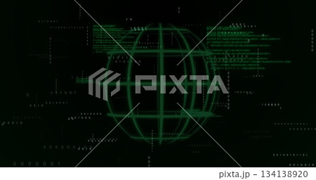 Glowing green wireframe globe rotating in virtual space, with binary digits and code fragments Glowing green wireframe globe rotating in virtual space, with binary digits and code fragments 134138920
