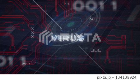 Displaying central VIRUS text pulsing in dark UI with circular HUD, red circuits and binary digits Displaying central VIRUS text pulsing in dark UI with circular HUD, red circuits and binary digits 134138924