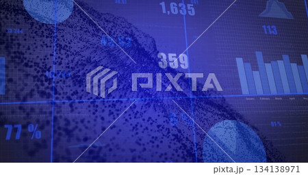 Displaying 3D particle wave flowing across blue grid dashboard with bar chart and bell icon 134138971