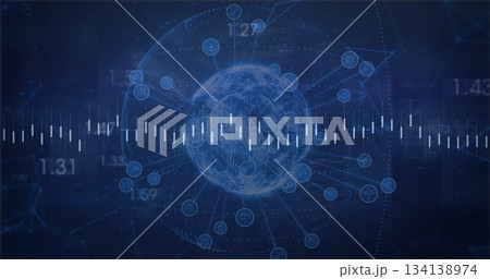 Showing wireframe globe pulsing in interface with node icons, connections, waveform, labels Showing wireframe globe pulsing in interface with node icons, connections, waveform, labels 134138974