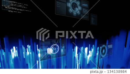 Displaying glowing blue data bars and floating UI panels in virtual data landscape, visualization Displaying glowing blue data bars and floating UI panels in virtual data landscape, visualization 134138984