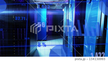 Displaying server rack cabinets glowing with blue LEDs in data center room, with digital bar charts 134138993