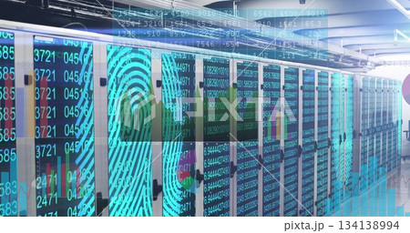 Streaming data overlays on server racks in data center, with cables, blinking LEDs and fingerprints 134138994