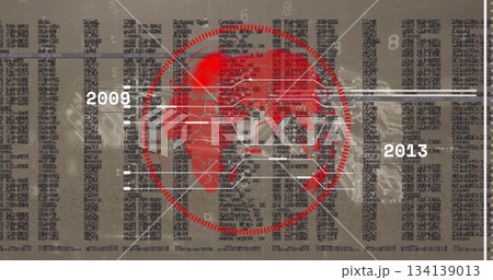 Displaying red world map in segmented red circle frame on infographic, with trade links 2009-2013 Displaying red world map in segmented red circle frame on infographic, with trade links 2009-2013 134139013
