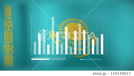 Displaying flag emblem with progress bar and bar chart on digital teal-blue field with gold stripe 134139017