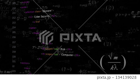 Displaying HTML code and math formulas on black screen, with Spyware class tags and chemical rings 134139028