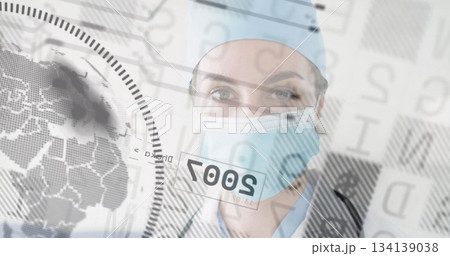 Presenting surgeon wearing scrubs, surgical cap and face mask in digital interface, with overlays 134139038