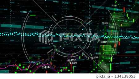 Hovering central circular HUD overlay above trading interface, with bar charts and candlesticks 134139053