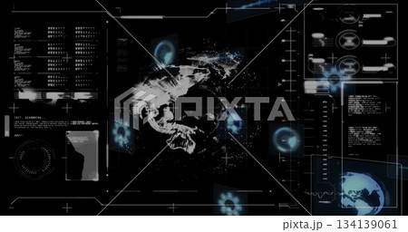 Displaying central fractal hologram on control dashboard, with code panels and gauge diagrams 134139061