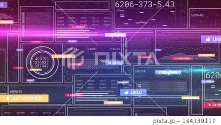Glowing magenta light streak cutting through virtual interface, with numeric panels and charts 134139117