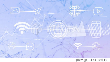 Displaying centered white globe icon on gradient background, with envelope, phone and wifi icons 134139119