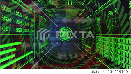 Displaying reticle projecting numeric strings in virtual corridor, with floating panels and graphs 134139140