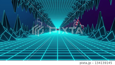 Resting small vehicle silhouette in wireframe tunnel, with glowing turquoise grid and neon icons 134139145