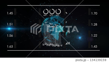 Displaying 3D particle-based globe rotating on HUD interface, with numeric input output metrics 134139159