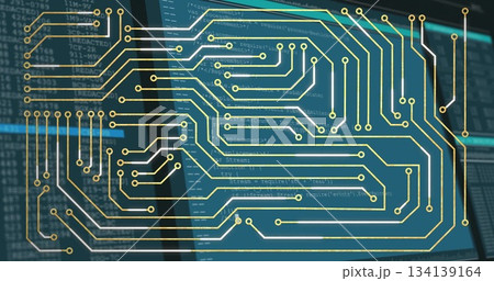 Branching gold circuit traces and circular nodes weaving across computer screen, with code windows 134139164