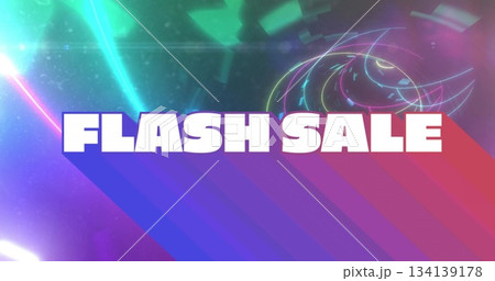 Displaying bold FLASH SALE text over neon beams, gradient stripes on graphic backdrop with flares Displaying bold FLASH SALE text over neon beams, gradient stripes on graphic backdrop with flares 134139178