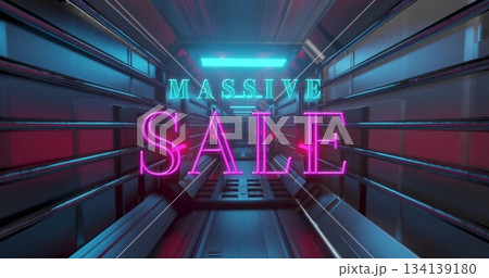 Floating neon text reading MASSIVE SALE in metallic corridor, with overhead panel and floor grates 134139180
