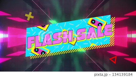 Showing neon-blue banner highlighting FLASH SALE in neon corridor, with cassette icons and shapes 134139184