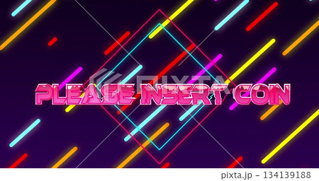 Displaying neon text PLEASE INSERT COIN on gradient backdrop with glowing diamonds, neon bars 134139188