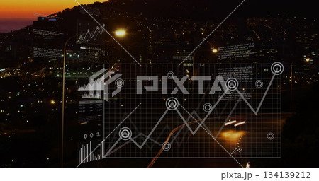 Overlaying semi-transparent dashboard interface over nighttime city, with glowing data charts Overlaying semi-transparent dashboard interface over nighttime city, with glowing data charts 134139212