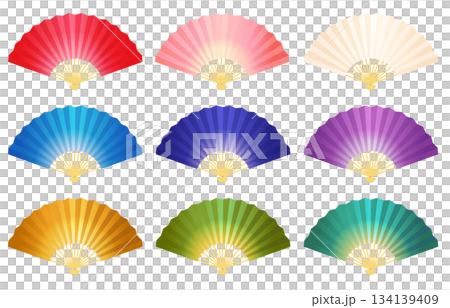 さまざまなカラーの扇子のイラスト素材セット。白背景にベクターイラスト。 134139409