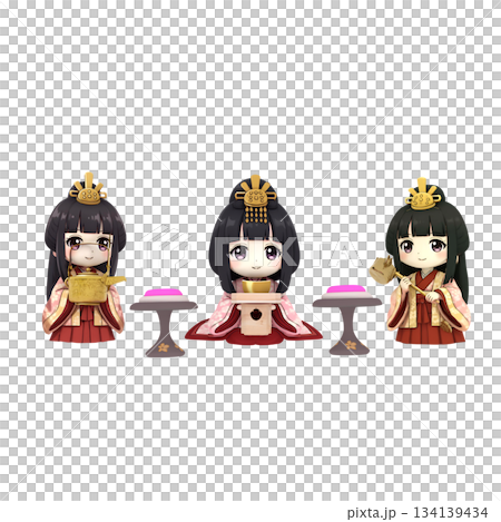 Rice cakes on a high tray and three court ladies for the Hinamatsuri (Girl's Day) festival 134139434