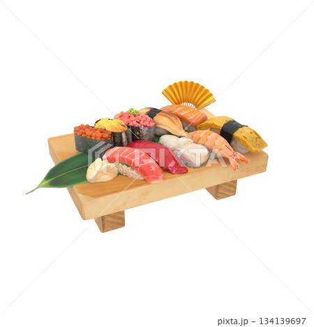 金扇で飾る祝い事の鮨屋のお寿司の板盛り 134139697
