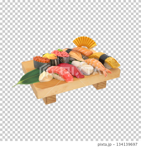 在壽司店裡，為慶祝而擺放的壽司盤上裝飾著一把金色的扇子。 134139697