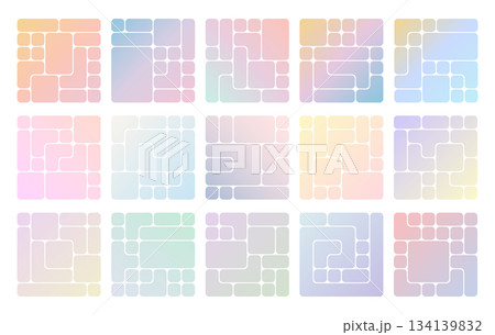 Pastel gradient bento grid square backgrounds set. Soft abstract tiles layouts with rounded corners for planners, social media posts, stories, wallpapers and gentle UI covers. 134139832