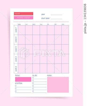 Monthly planner calendar template, pink minimal overview grid with weeks, focus, priorities, to do list and notes 134139836