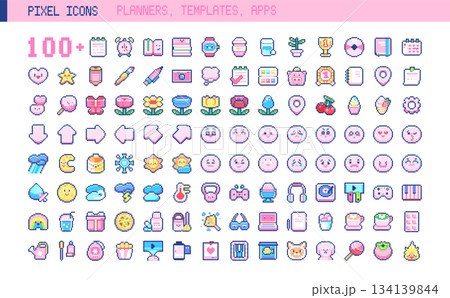 Kawaii Pixel Planner Icons Pack. 8bit Hearts, Emojis, Arrows, Flowers, Snacks and App UI Badges Collection. Kawaii Pixel Planner Icons Pack. 8bit Hearts, Emojis, Arrows, Flowers, Snacks and App UI Badges Collection. 134139844
