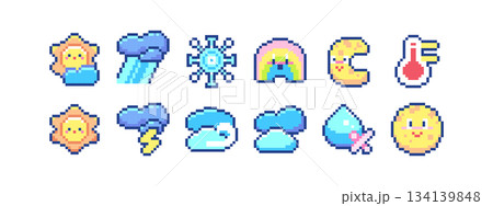 Pixel Art Weather Icons Set. Kawaii 8bit Sun, Clouds, Rainbow, Raindrop and Temperature Symbols for Apps and Planners. Cute Forecast Video Game Element for Planner or Web App Decoration. Pixel Art Weather Icons Set. Kawaii 8bit Sun, Clouds, Rainbow, Raindrop and Temperature Symbols for Apps and Planners. Cute Forecast Video Game Element for Planner or Web App Decoration. 134139848