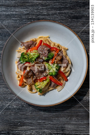 Top view of pasta with beef and broccoli. Top view of pasta with beef and broccoli. 134139903