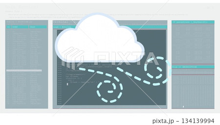 Displaying white cloud icon linking code panels in abstract workspace, with swirling dashed arrows 134139994