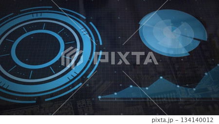 Displaying concentric HUD element on grid interface, with pie chart, line graph, glowing data dots 134140012