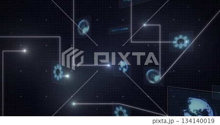 Displaying digital interface on grid with gridlines, glowing node connections and tech icons Displaying digital interface on grid with gridlines, glowing node connections and tech icons 134140019