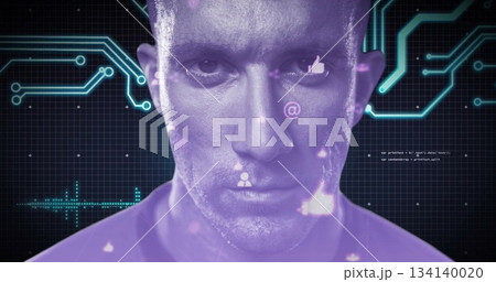 Displaying adult male face and upper torso within digital grid, with purple circuits, social icons 134140020