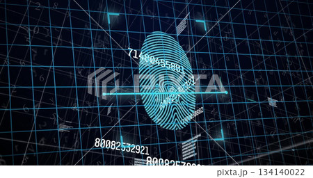 Projecting fingerprint intersecting scanning beam within grid overlay, floating codes and numbers 134140022