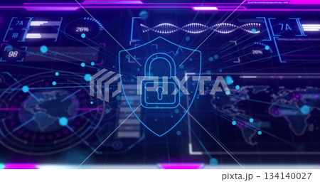 Showing glowing shield with padlock icon on security dashboard with maps globe nodes bars and helix Showing glowing shield with padlock icon on security dashboard with maps globe nodes bars and helix 134140027