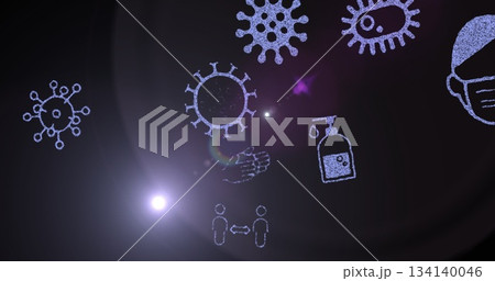 Featuring coronavirus icon glowing on digital backdrop, with hygiene, mask and distancing symbols Featuring coronavirus icon glowing on digital backdrop, with hygiene, mask and distancing symbols 134140046