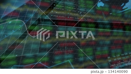 Displaying trading dashboard with grid, line and candlestick charts, percentages and tickers 134140090