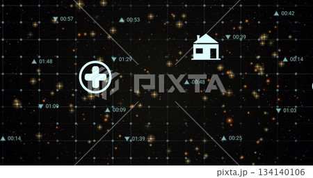 Displaying white circular medical cross icon floating in teal data grid, with timecodes and arrows 134140106
